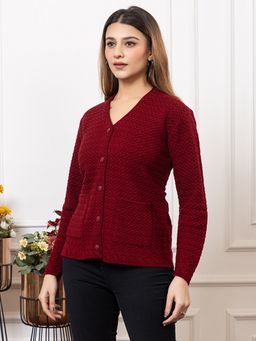 TWENTY ME - Casual Maroon Full Sleeve with Front Pockets Women Cardigan