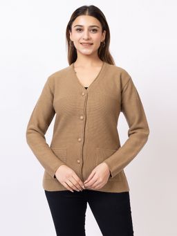 TWENTY ME - V-Neck Brown Full Sleeve Solid Acrylic Women Cardigan