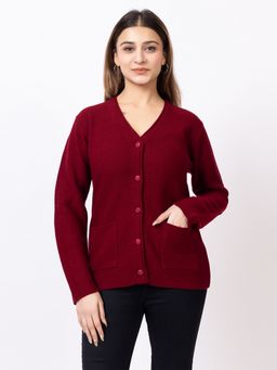 TWENTY ME - Maroon V-Neck Full Sleeve Solid Acrylic Women Cardigan