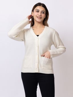 TWENTY ME - White V-Neck Full Sleeve Solid Acrylic Women Cardigan