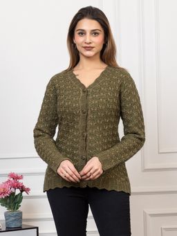 TWENTY ME - Green Full Sleeves V Neck Acrylic Wool Warm Cardigan