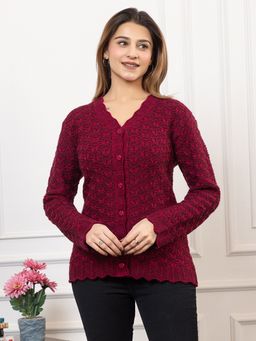 TWENTY ME - Wine Full Sleeves V Neck Acrylic Wool Warm Cardigan