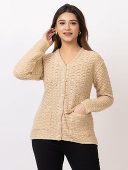 TWENTY ME - Casual Beige Acrylic Blend V Neck Full Sleeve Women Cardigan