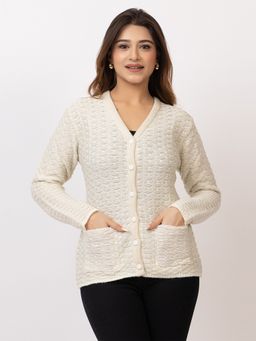 TWENTY ME - Casual White Acrylic Blend V Neck Full Sleeve Women Cardigan