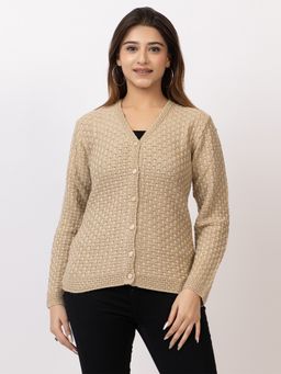 TWENTY ME - Casual Beige Acrylic Blend V Neck Full Sleeve Women Cardigan