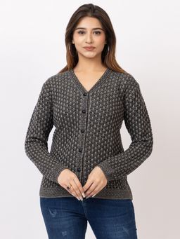 TWENTY ME - Casual Grey Acrylic Blend V Neck Full Sleeve Women Cardigan