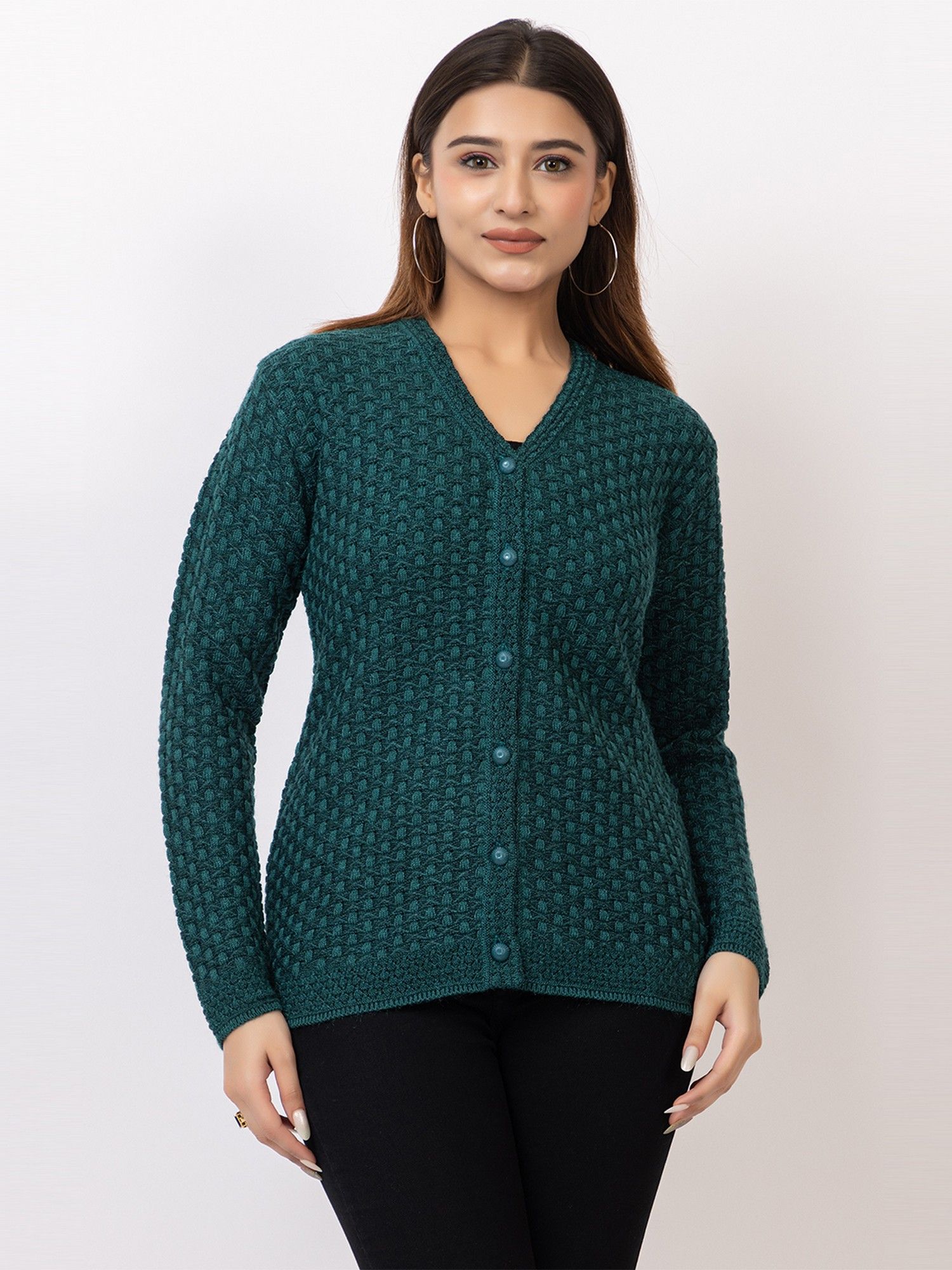 twenty me Casual Teal Acrylic Blend V Neck Full Sleeve Women Cardigan-picture-12
