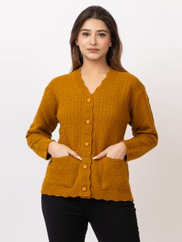 TWENTY ME - Casual Mustard Acrylic Blend V Neck Full Sleeve Women Cardigan