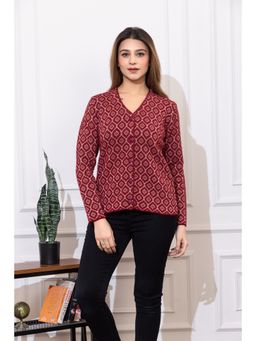 TWENTY ME - Maroon Casual Acrylic Blend V Neck Full Sleeve Women Cardigan
