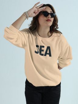 SHOWOFF - Edition Women Typography Printed Beige Oversized Round Neck Sweatshirt
