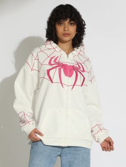 SHOWOFF - Edition Women Embroidered White Hooded Zipper Sweatshirt