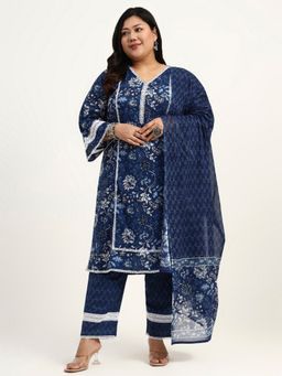 Yufta - Blue Cotton Straight Kurta with Pant and Dupatta
