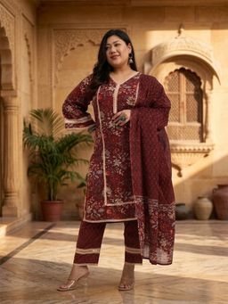Yufta - Maroon Cotton Straight Kurta with Pant and Dupatta