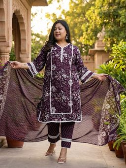 Yufta - Purple Cotton Straight Kurta with Pant and Dupatta