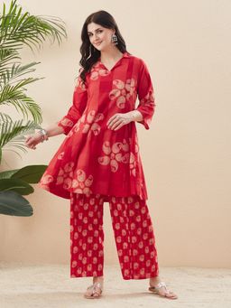 MOKOSH - Red Paisley Printed Cotton A-Line Kurta with Palazzo