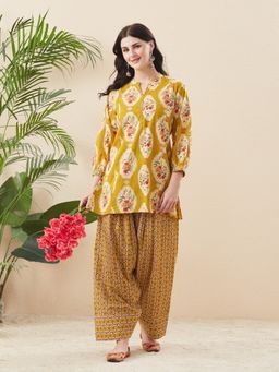 MOKOSH - Women Mustard Printed Cotton Kurti with Farsi Patiala Pant