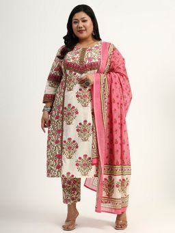 Yufta - Pink Pure Cotton Floral Sequins Kurta with Pant and Dupatta