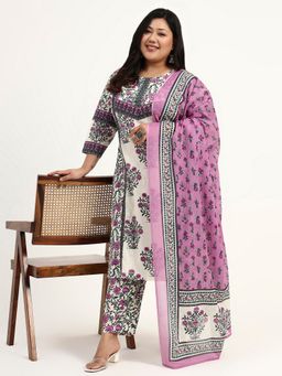 Yufta - Purple Pure Cotton Floral Sequins Kurta with Pant and Dupatta