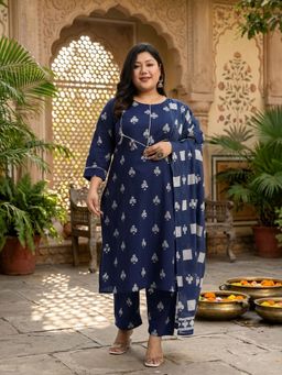 Yufta - Navy Blue Cotton Printed Kurta with Pant and Dupatta
