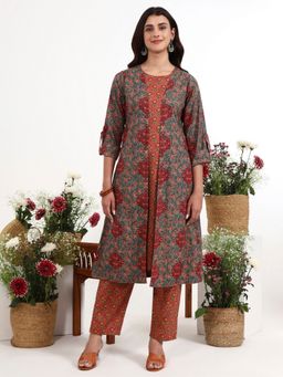 Yufta - Grey Cotton Floral Printed Kurta with Pant and Shrug