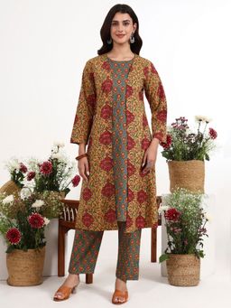 Yufta - Mustard Cotton Floral Printed Kurta with Pant and Shrug