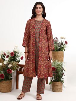 Yufta - Pink Cotton Floral Printed Kurta with Pant and Shrug