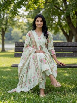 Yufta - Sea Green Floral Print A-Line Kurta with Pant and Dupatta