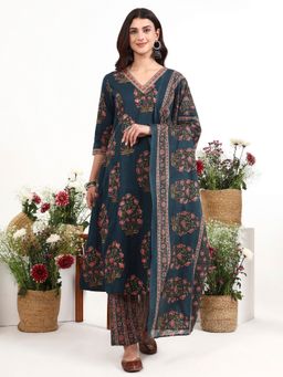 Yufta - Teal Cotton Kalidaar Style Anarkali Kurta with Pant and Dupatta