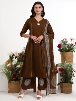 Yufta - Brown Cotton Kalidaar Style Anarkali Kurta with Palazzo and Dupatta