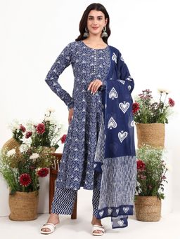 Yufta - Navy Blue Cotton Anarkali Kurta with Pant and Dupatta