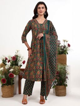 Yufta - Green Cotton Anarkali Kurta with Pant and Dupatta