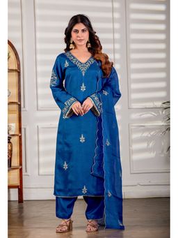 FAST FASHIONS - Blue Embroidered Straight Kurta with Pant and Dupatta