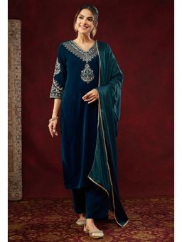 Ekta Textiles - Teal Embroidered Heavy Velvet V-Neck Kurta with Pant and Dupatta