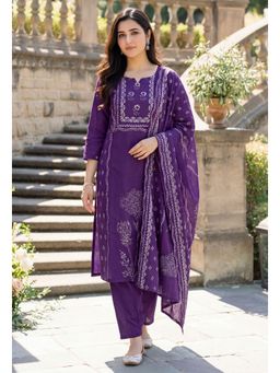 Ekta Textiles - Purple Position Hand-Printed Muslin Kurta with Pant and Dupatta