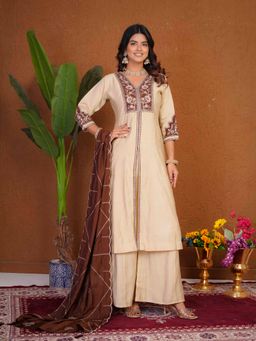 Ekta Textiles - Cream Roman Silk Embroidered Anarkali Kurta with Palazzo and Dupatta