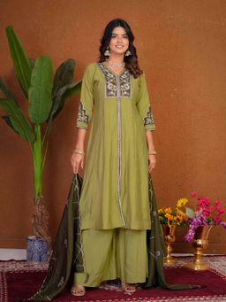 Ekta Textiles - Green Roman Silk Embroidered Anarkali Kurta with Palazzo and Dupatta