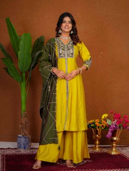 Ekta Textiles - Yellow Roman Silk Embroidered Anarkali Kurta with Palazzo and Dupatta