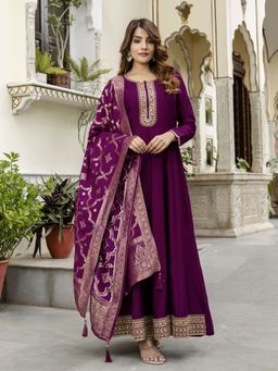 Trendmalls - Purple Embroidered Anarkali Kurta with Pant and Dupatta