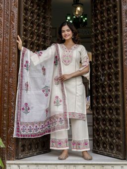 Trendmalls - Off White Kurta with Palazzo and Dupatta