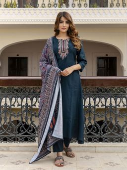 Trendmalls - Teal Embroidered Anarkali Kurta with Pant and Dupatta