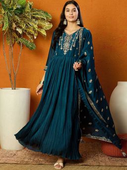 Trendmalls - Teal Embroidered Anarkali Kurta with Pant and Dupatta