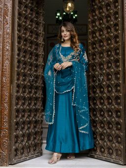 Trendmalls - Teal Embroidered Anarkali Kurta with Pant and Dupatta