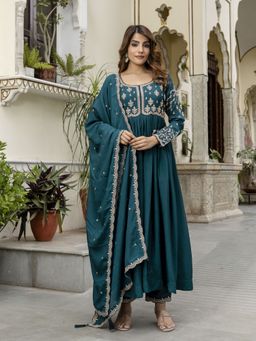 Trendmalls - Teal Anarkali Kurta with Pant and Dupatta