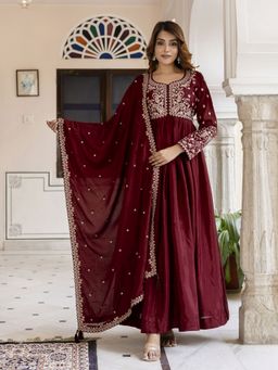 Trendmalls - Maroon Embroidered Kurta with Pant and Dupatta