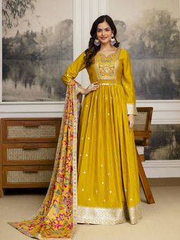 Trendmalls - Yellow Embroidered Anarkali Kurta with Pant and Dupatta
