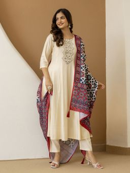Trendmalls - Beige Embroidered Anarkali Kurta with Pant and Dupatta
