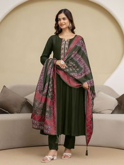 Trendmalls - Olive Embroidered Anarkali Kurta with Pant and Dupatta