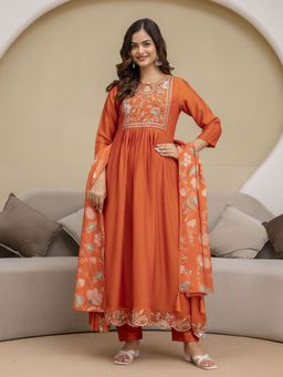 Trendmalls - Orange Embroidered Anarkali Kurta with Pant and Dupatta