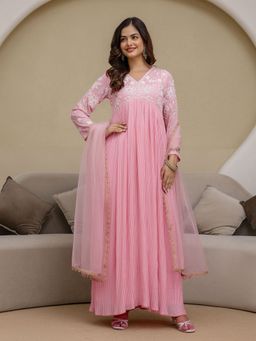 Trendmalls - Pink Embroidered Anarkali Kurta with Pant and Dupatta