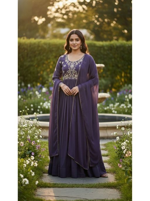 Trendmalls Purple Embroidered Anarkali Kurta with Pant and Dupatta